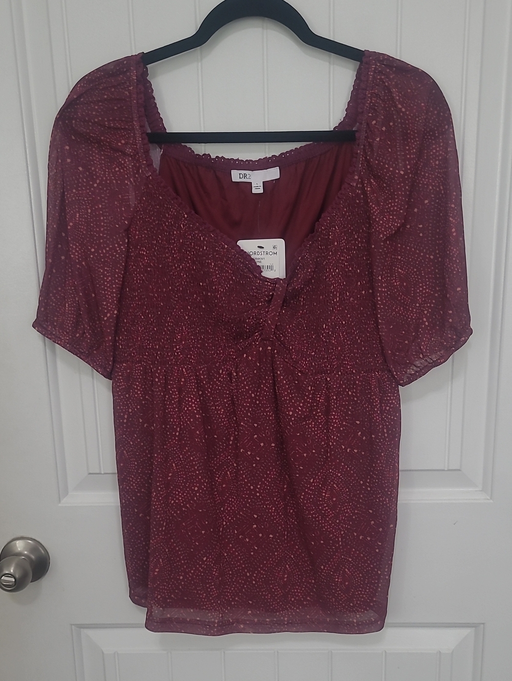 DR2 Wine Dot-Print Peasant Top